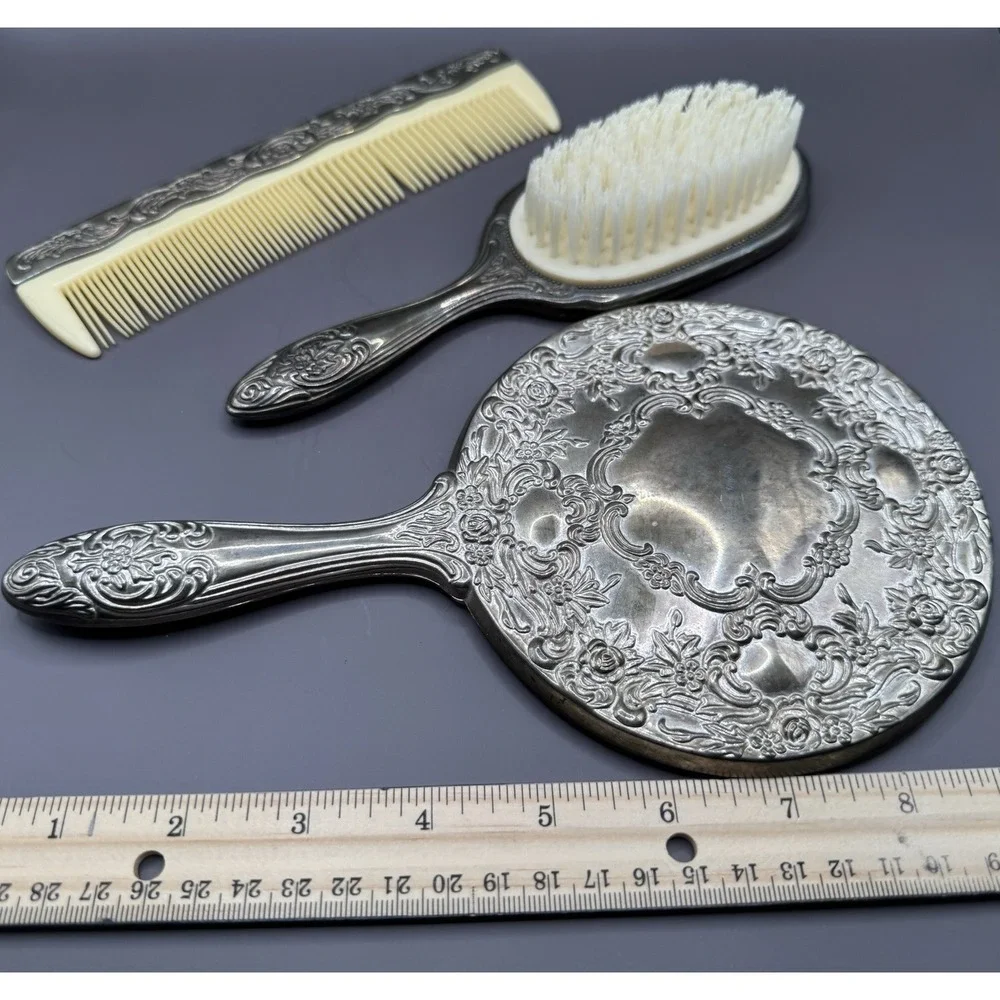 Vintage 3 Piece Silver Plated Vanity Set Ornate Heavy Hand Mirror Comb & Brush
